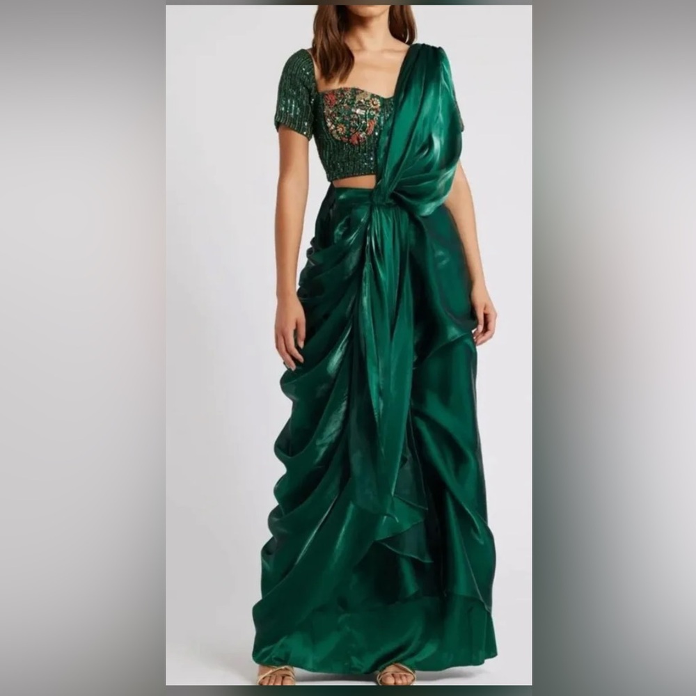 Sani Adya Drape Saree- Emerald Green Draped Satin Dress